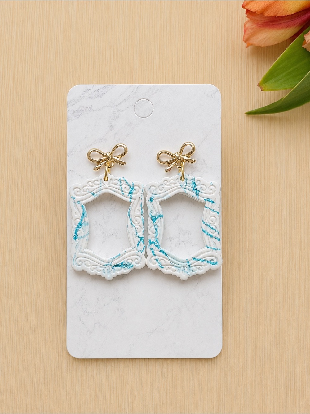 White & Turquoise Marble Frame Drop Earrings with Gold Bow Handmade
